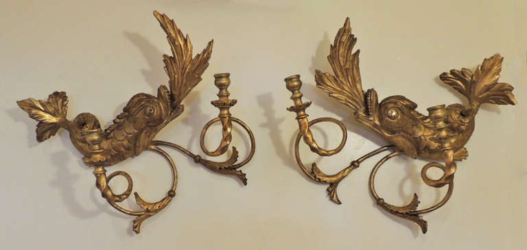 19th Century American Dolphin Giltwood Sconces