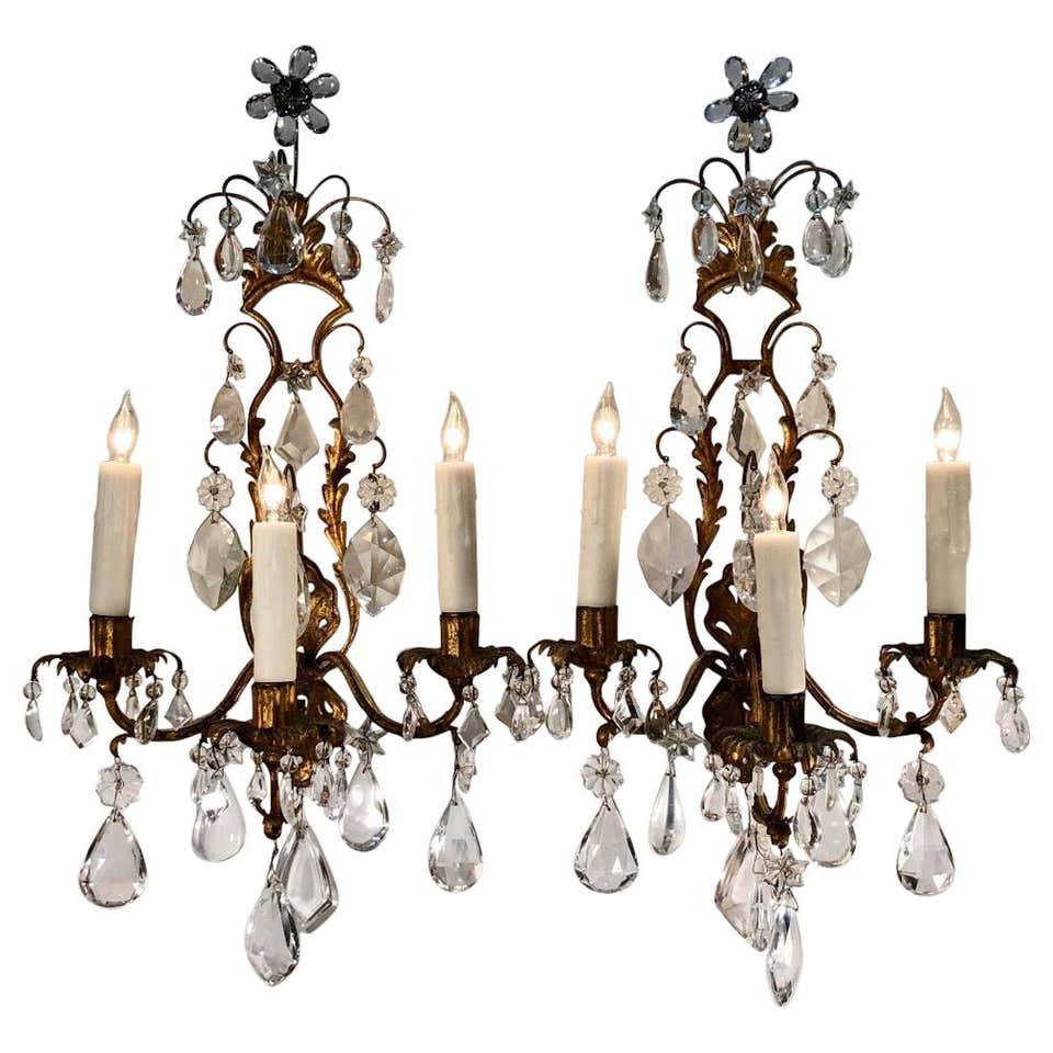 Pair of 19th Century Italian Gilt Tôle Rock Crystal Sconces