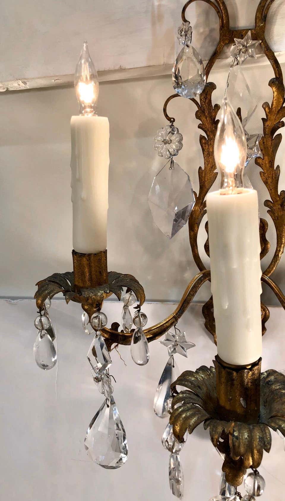 Pair of 19th Century Italian Gilt Tôle Rock Crystal Sconces - Image 7
