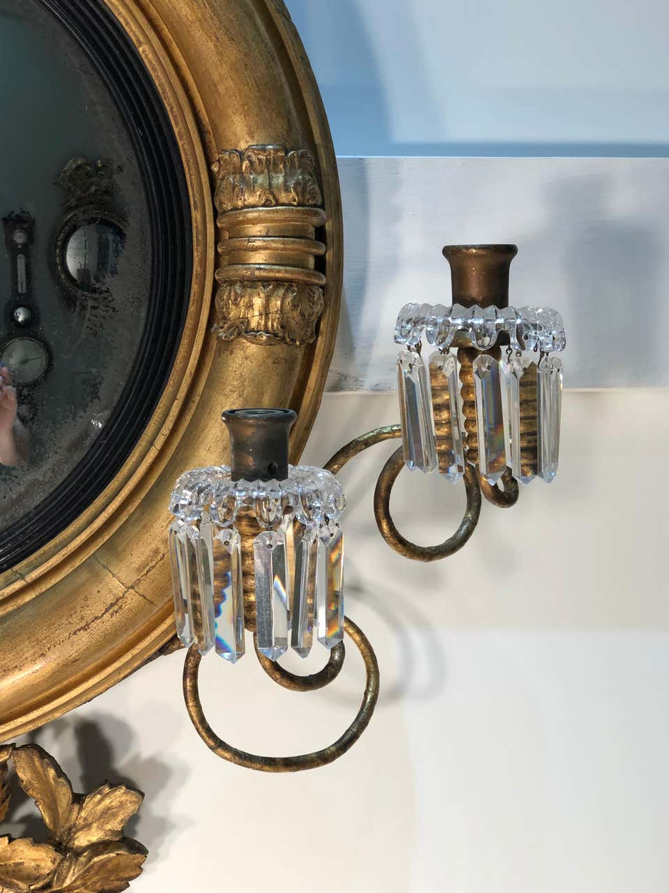 19th Century English Regency Convex Looking Glass with Girandole Arms - Image 6