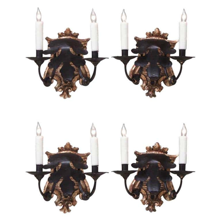 Late 18th Century Set of Four Italian Baroque Silvered Giltwood Two-Arm Sconces - Image 3