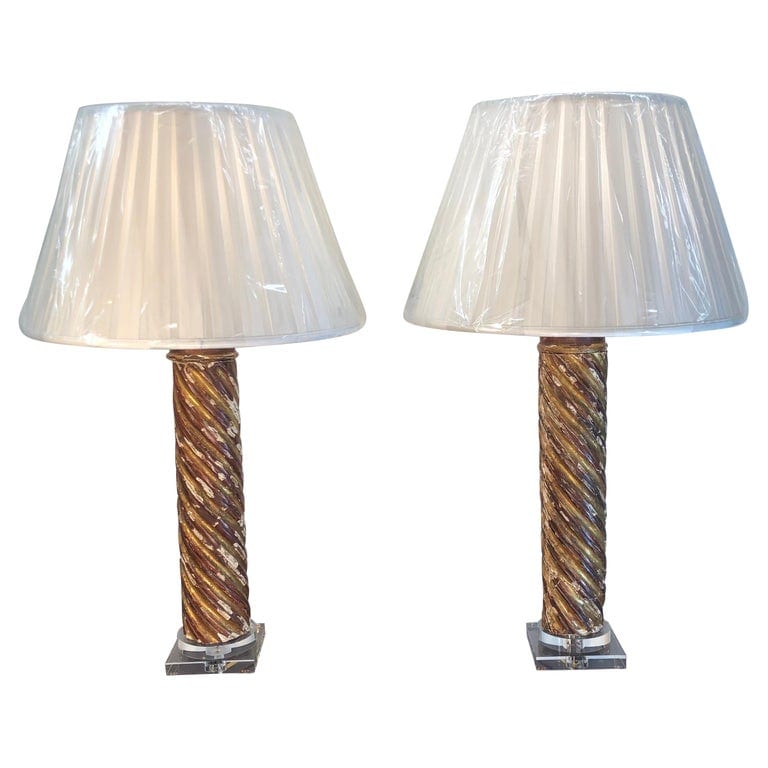 Pair of Mid-18th Century Italian Giltwood Column Lamps