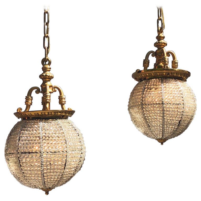 Pair Belle Epoque Bronze and Beaded Crystal Sphere Chandeliers / Pendants