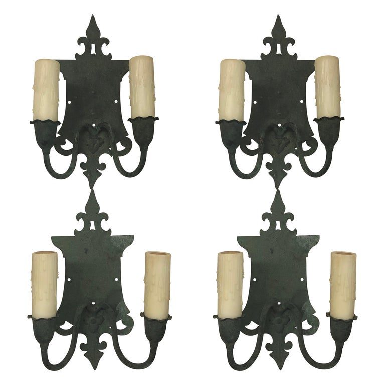Four English Arts and Crafts Verde Brass Sconces, Early 20th Century