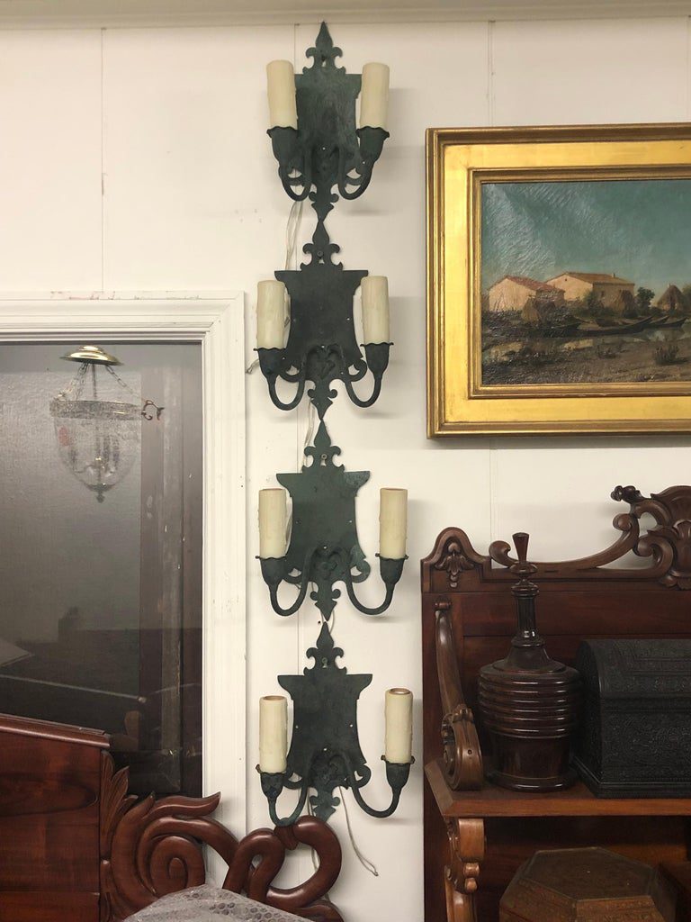 Four English Arts and Crafts Verde Brass Sconces, Early 20th Century - Image 6