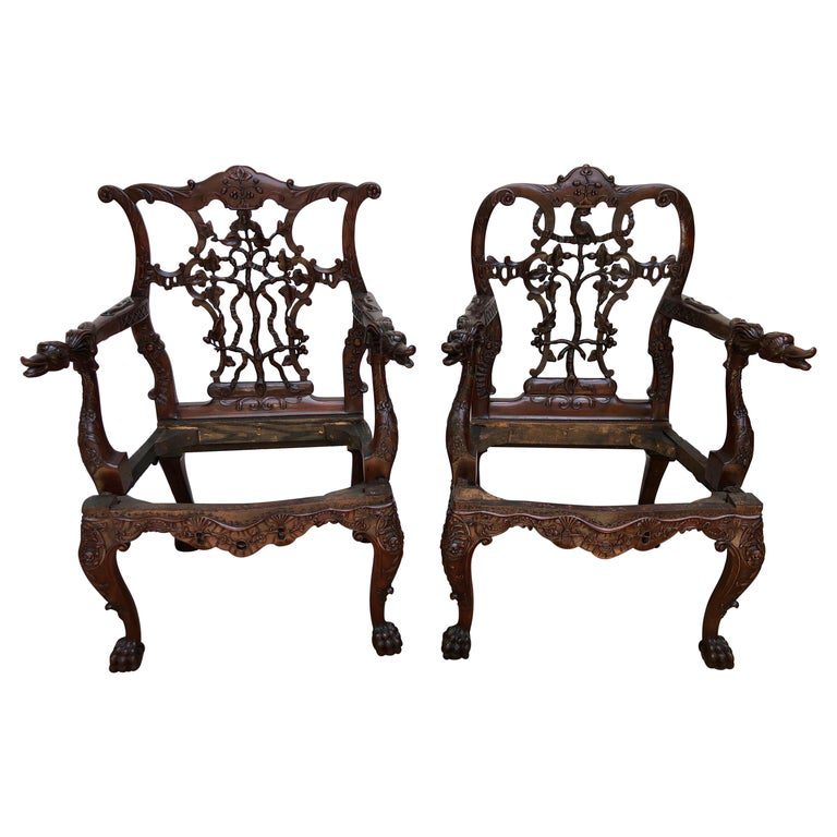 Irish Carved Mahogany Zoomorphic and Tree Back Georgian Pair of Armchairs, 19th C