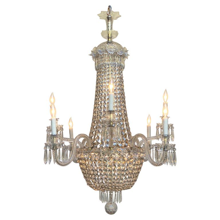 Regency Tent-and-Basket Silver Plate & Crystal Chandelier / Gasolier Eight Light