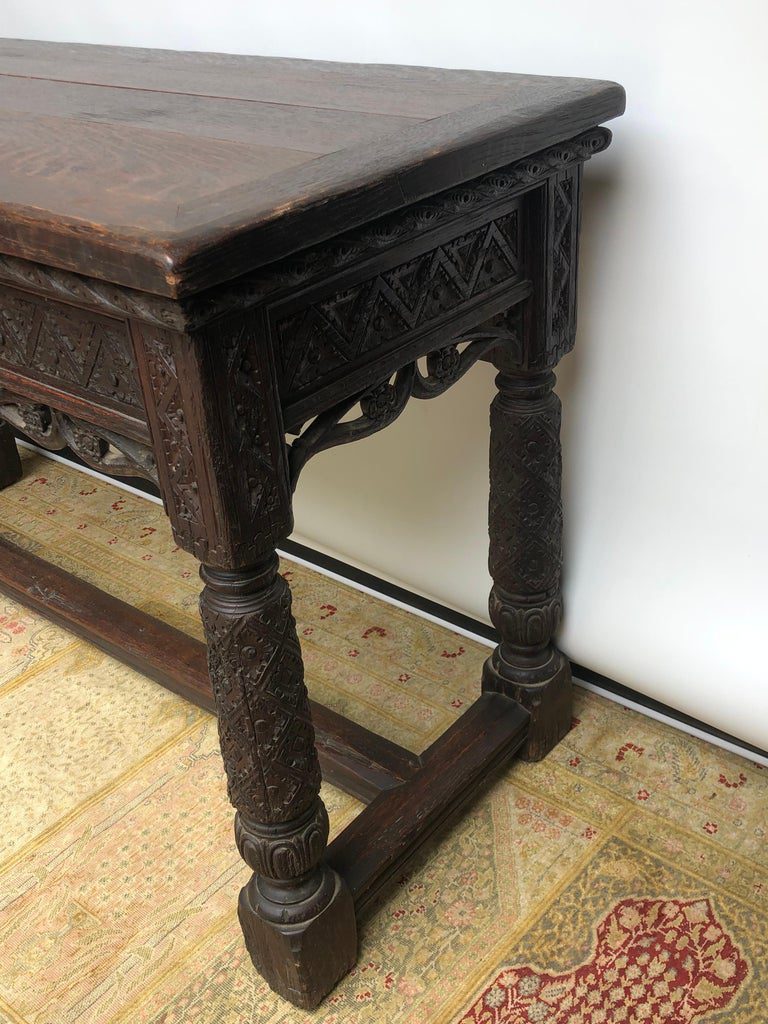 19th Century English Oak Elizabethan Gothic Style Hand Carved