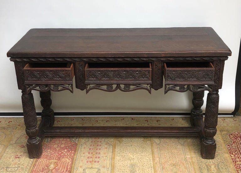 19th Century English Oak Elizabethan Gothic Style Hand Carved