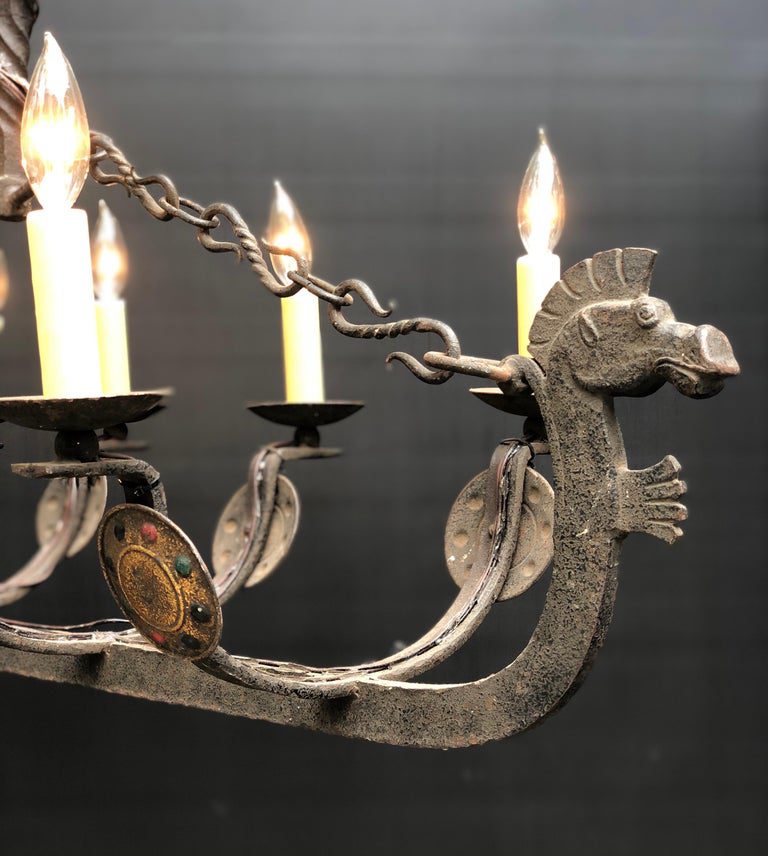 French Wrought Iron Viking Dragon Ship Chandelier - Image 4