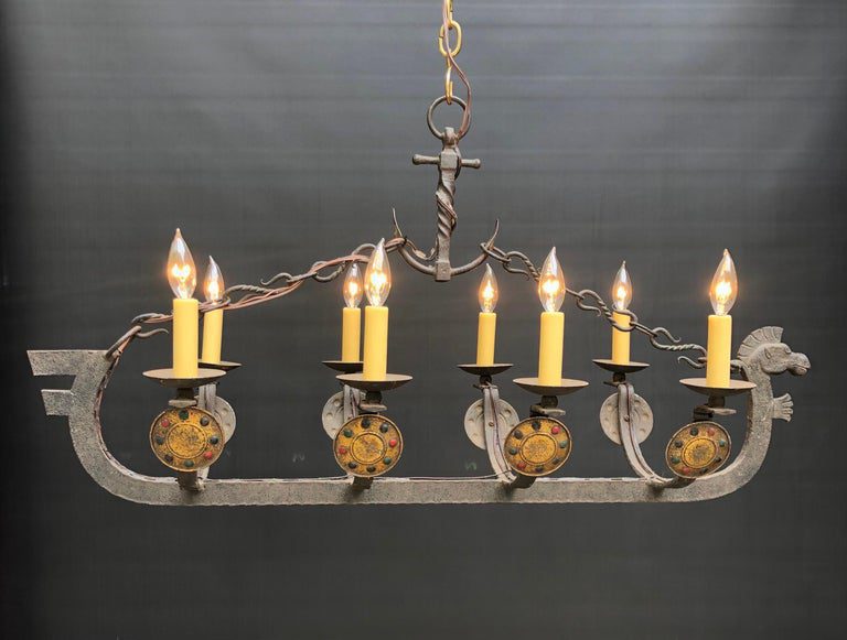 French Wrought Iron Viking Dragon Ship Chandelier - Image 5
