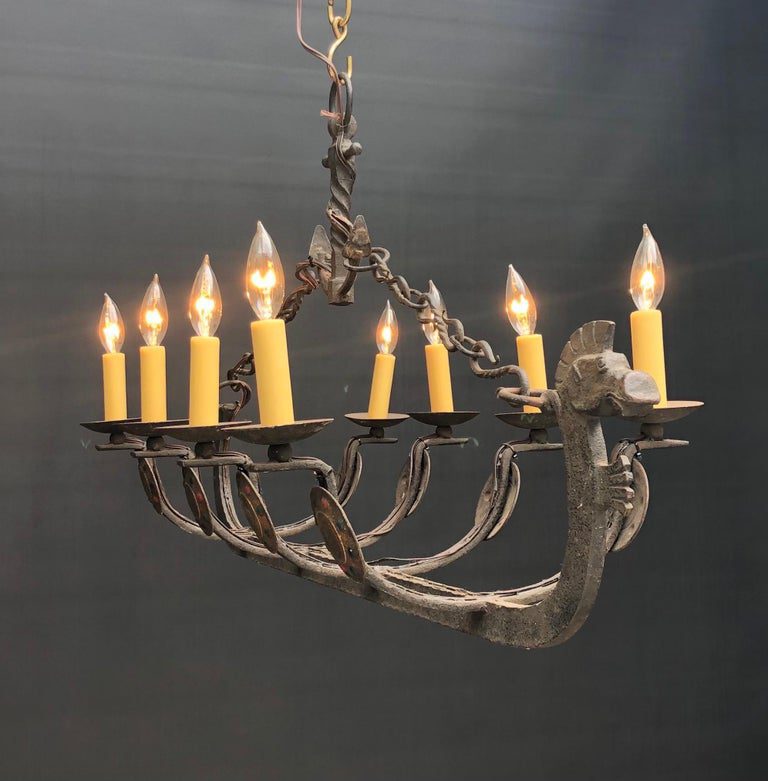 French Wrought Iron Viking Dragon Ship Chandelier - Image 8