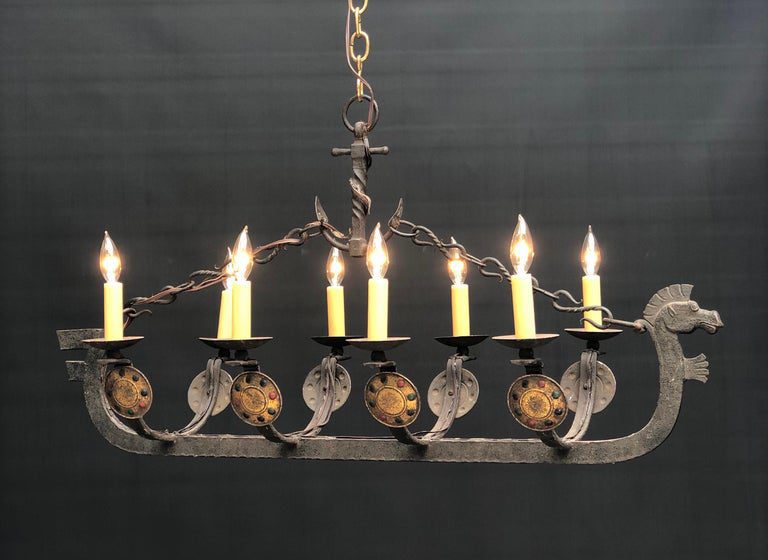 French Wrought Iron Viking Dragon Ship Chandelier - Image 9