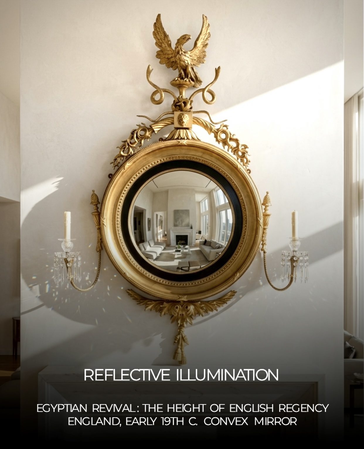 English Regency Egyptian Revival Convex Mirror with Girandole Arms